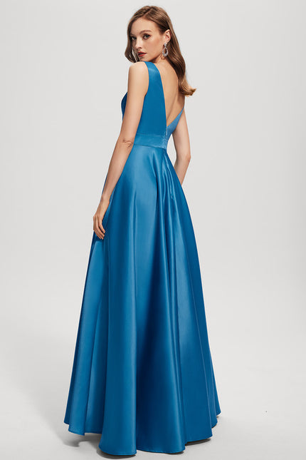 Robe Trapèze Bleu Satin Longue De Soirée - gallery 4