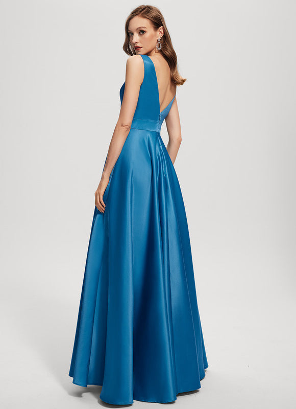 Robe Trapèze Bleu Satin Longue De Soirée - gallery 4