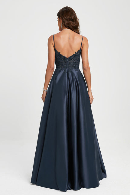Robe Trapèze Bleu Marine Satin Dentelle Strass - gallery 1