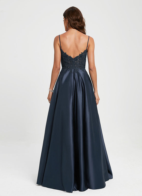 Robe Trapèze Bleu Marine Satin Dentelle Strass - gallery 1