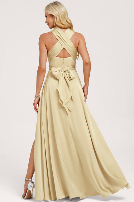 Robe Trapèze Beige Satin Décolleté Asymétrique - gallery 2