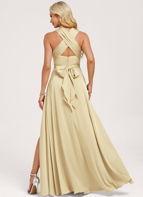 Robe Trapèze Beige Satin Décolleté Asymétrique - gallery 2