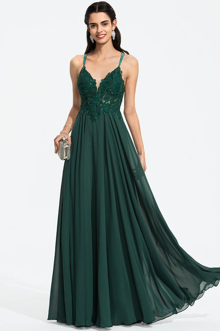 Robe Trapèze Verte En Mousseline Avec Perles Et Paillettes - gallery 9