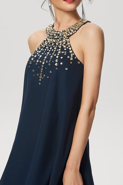 Robe Trapèze Bleue Navy Perlée Asymétrique - gallery 3