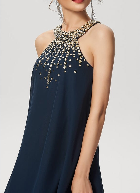 Robe Trapèze Bleue Navy Perlée Asymétrique - gallery 3