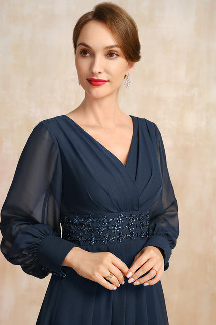 Robe Trapèze Bleu Marine Longue Mousseline Volants Perles Paillettes - gallery 1