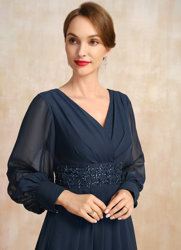 Robe Trapèze Bleu Marine Longue Mousseline Volants Perles Paillettes - gallery 1