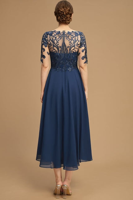 Robe Trapèze Bleu Marine Dentelle Mousseline - gallery 2