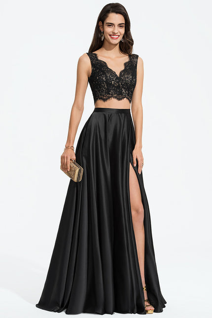 Robe Trapèze Vert Satin Dentelle Bal - gallery 3