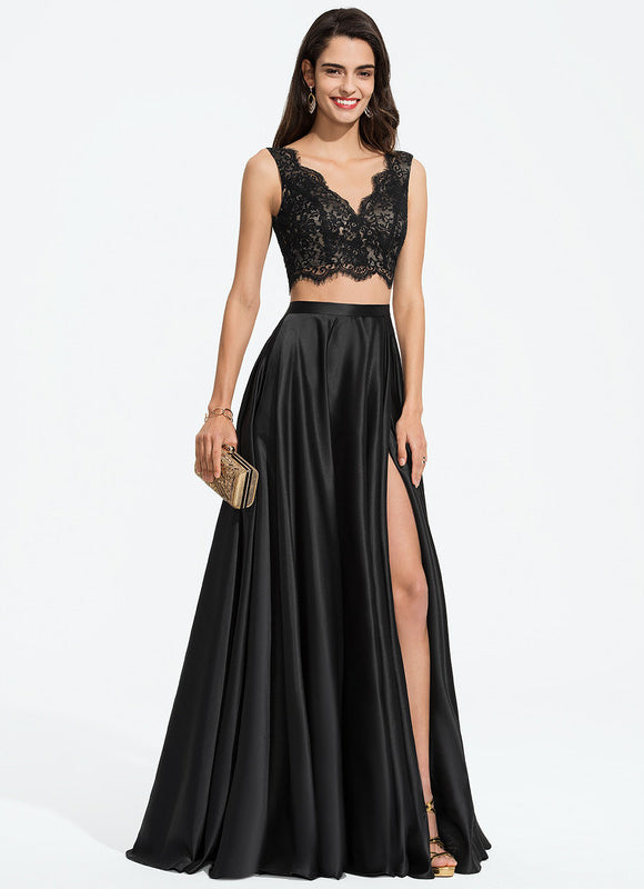 Robe Trapèze Vert Satin Dentelle Bal - gallery 3