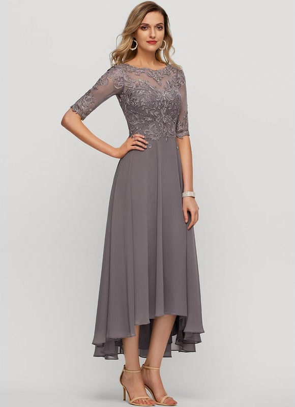 Robe Trapèze Gris Satin Dentelle. - gallery 3