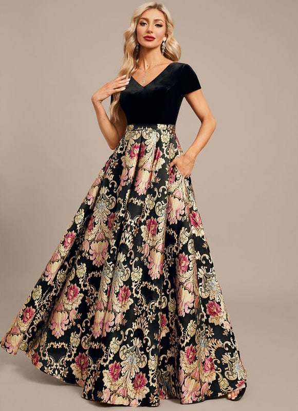 Robe Trapèze Velours Floral Noir - gallery 3