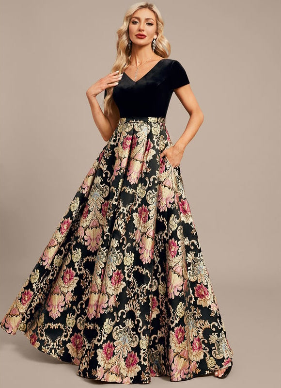 Robe Trapèze Velours Floral Noir - gallery 3