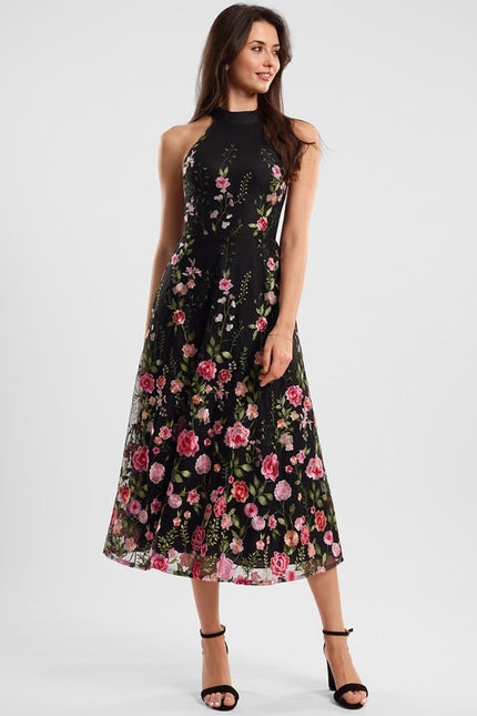 Robe Trapèze Fleurie Noire