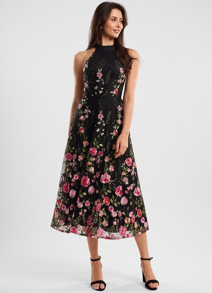 Robe Trapèze Fleurie Noire