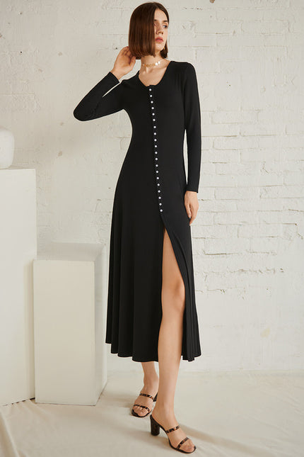 Robe Trapèze Noire Col V Midi - gallery 2
