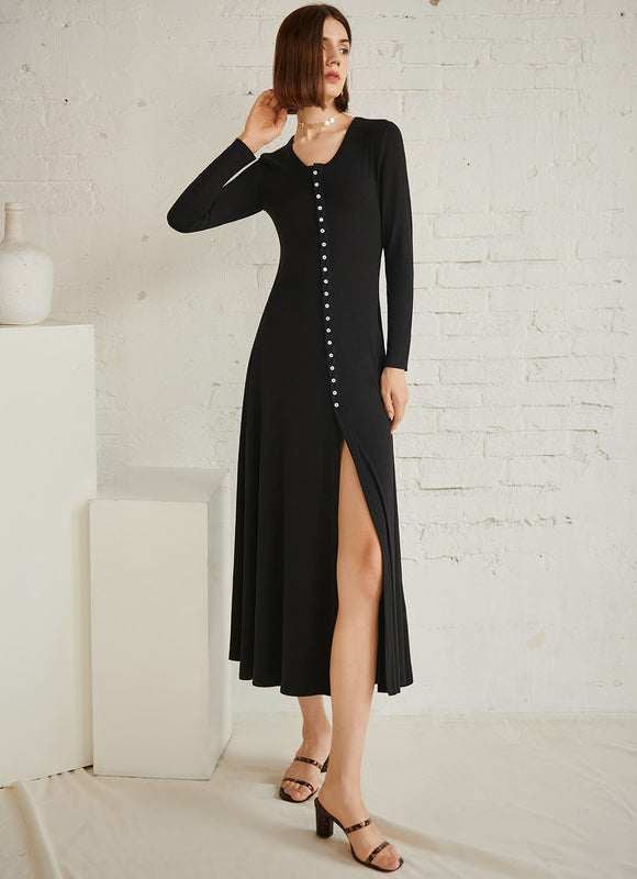 Robe Trapèze Noire Col V Midi - gallery 2