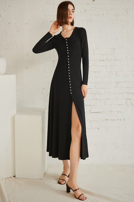 Robe Trapèze Noire Col V Midi - gallery 2