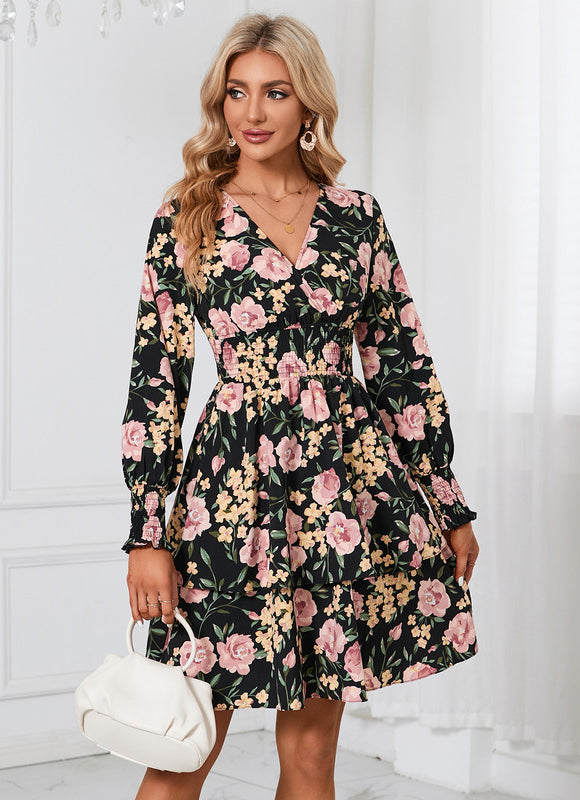 Robe Trapèze Fleurie Noire