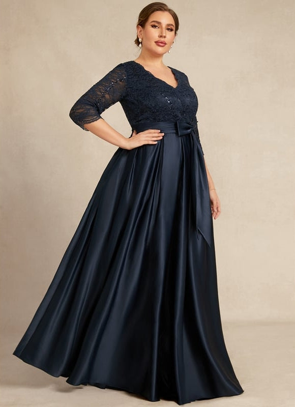 Robe Trapèze Bleu Marine En Dentelle Satiné - gallery 6