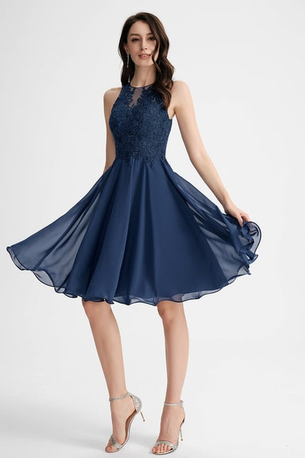 Robe Trapèze Bleue Dentelle Perles Cocktail - gallery 4