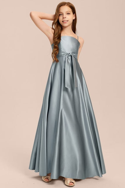 Robe Trapèze Bleu Satin Longue Avec Nœud - gallery 3