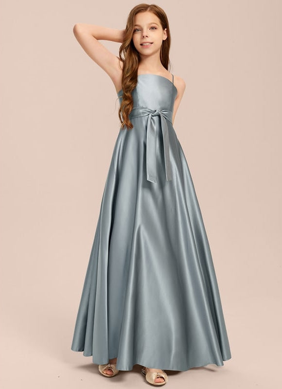 Robe Trapèze Bleu Satin Longue Avec Nœud - gallery 3