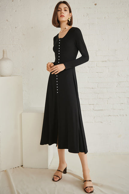 Robe Trapèze Noire Col V Midi - gallery 3