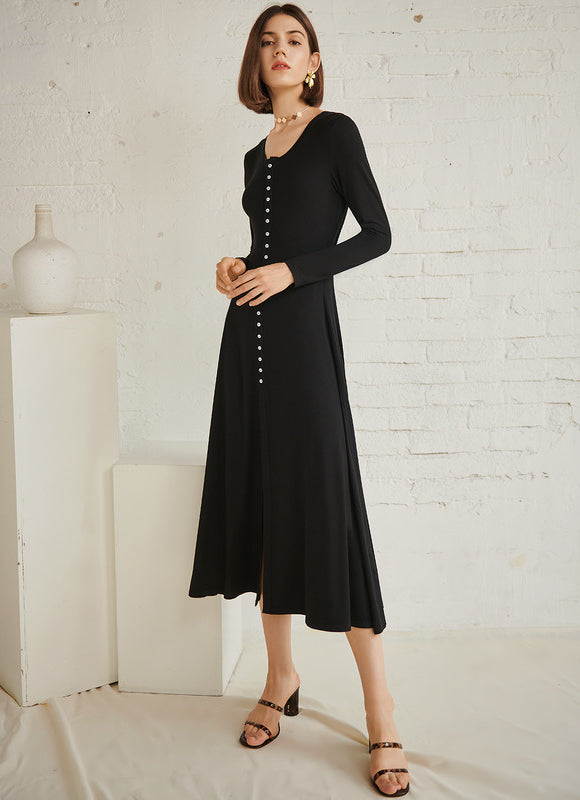 Robe Trapèze Noire Col V Midi - gallery 3