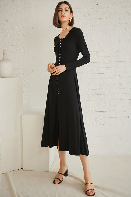Robe Trapèze Noire Col V Midi - gallery 3