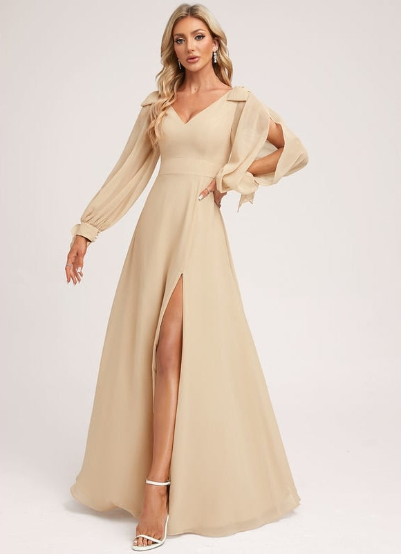Robe Trapèze Beige Mousseline Avec Nœud - gallery 2
