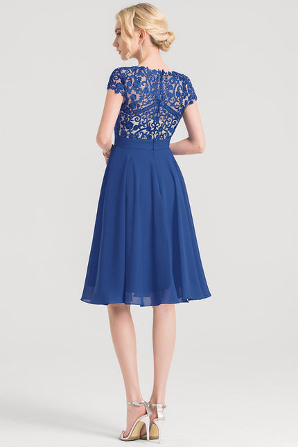 Robe Trapèze Bleue Dentelle Mousseline Volants - gallery 3