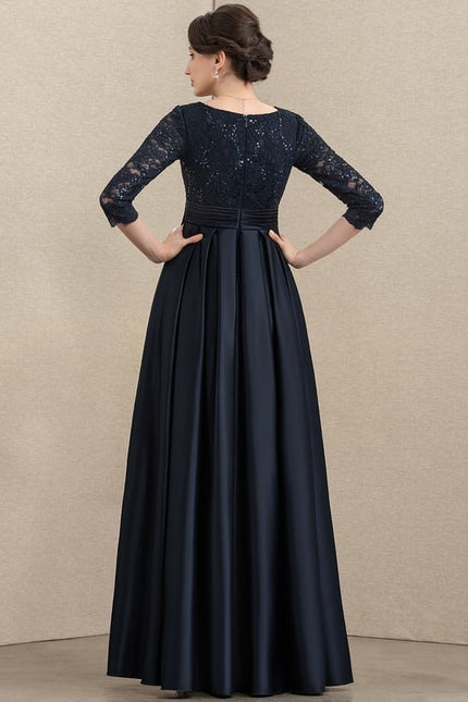 Robe Trapèze Bleu Marine En Dentelle Satiné - gallery 3