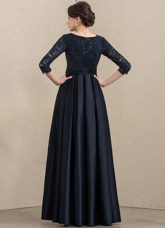 Robe Trapèze Bleu Marine En Dentelle Satiné - gallery 3