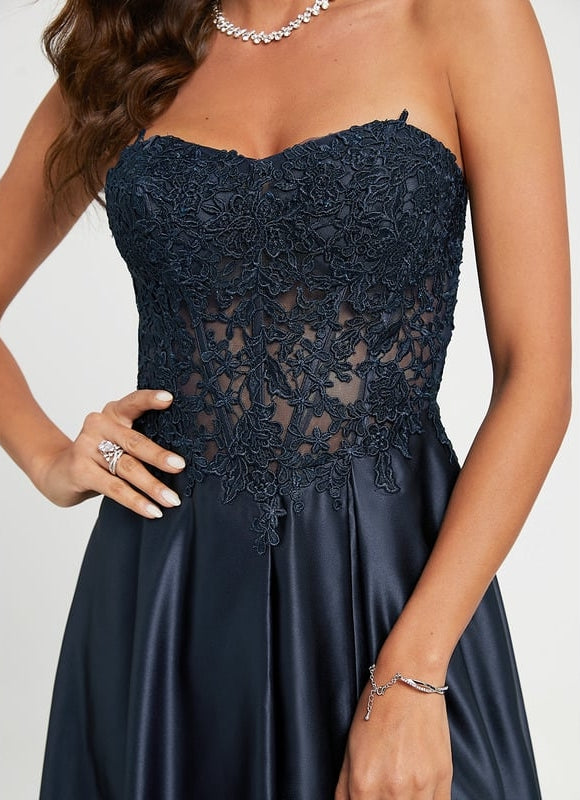 Robe Trapèze Bleue Satin Dentelle Bal - gallery 4