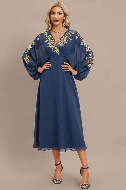 Robe Trapèze Bleue Marine Florale Dentelle Soirée - gallery 2