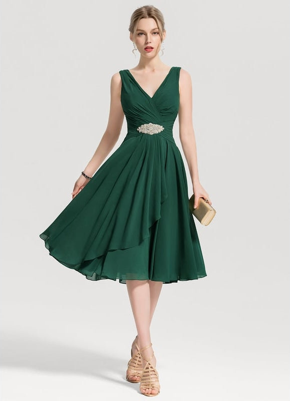 Robe Trapèze Vert Foncé Cocktail Perles - gallery 2