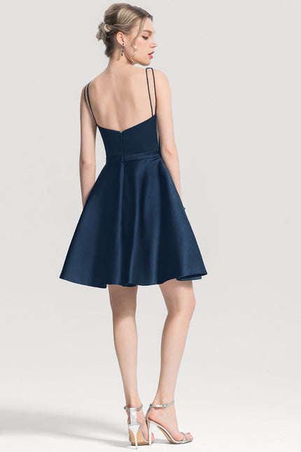 Robe Trapèze Bleu Satin Cocktail - gallery 4