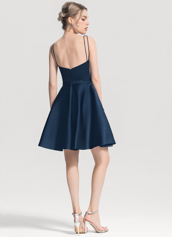 Robe Trapèze Bleu Satin Cocktail - gallery 4