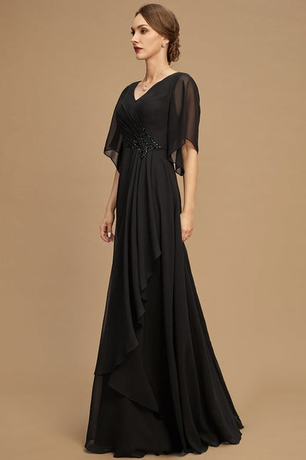 Robe Trapèze Noire Mousseline Longues Volants Paillettes - gallery 3