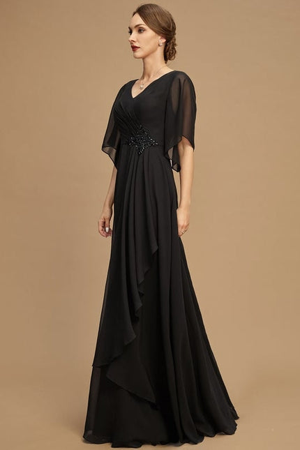 Robe Trapèze Noire Mousseline Longues Volants Paillettes - gallery 3