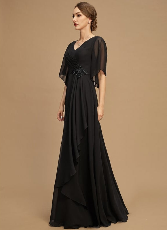 Robe Trapèze Noire Mousseline Longues Volants Paillettes - gallery 3