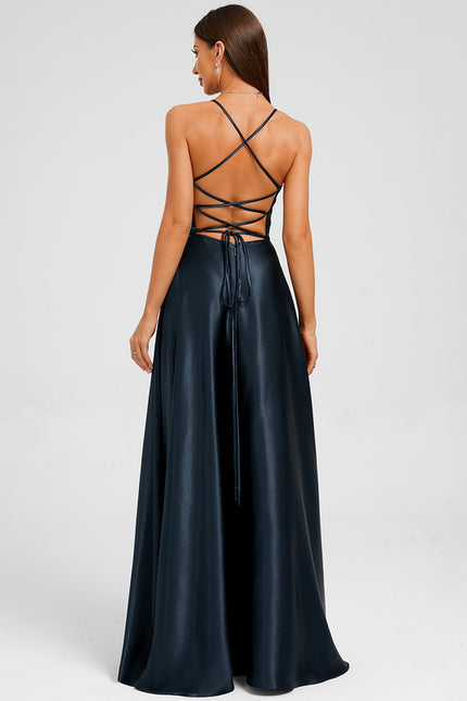 Robe Trapèze Satin Bleu Profond - gallery 3