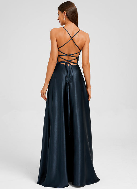 Robe Trapèze Satin Bleu Profond - gallery 3