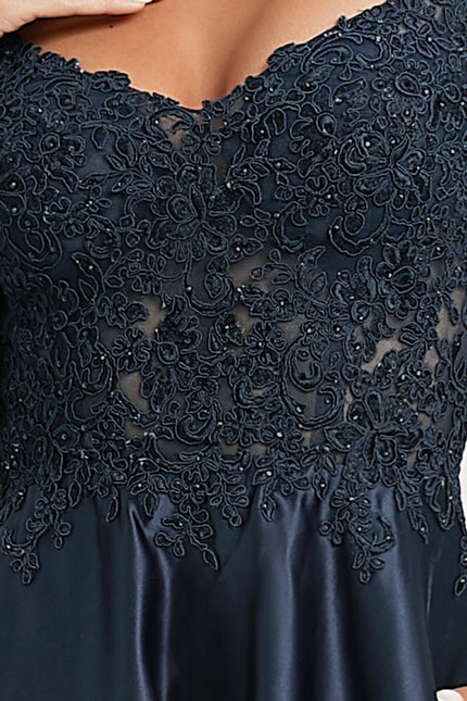 Robe Trapèze Bleu Marine Satin Dentelle Strass - gallery 5