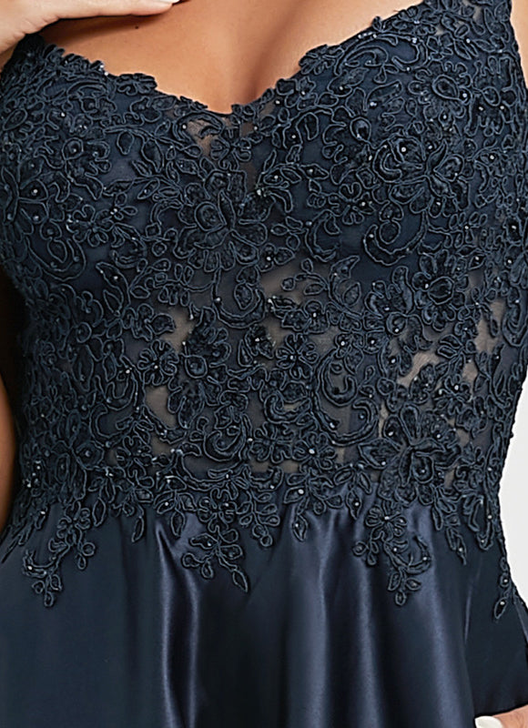 Robe Trapèze Bleu Marine Satin Dentelle Strass - gallery 5