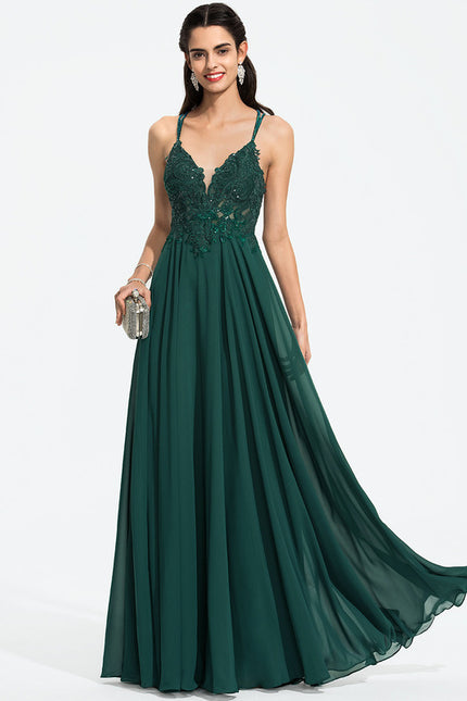 Robe Trapèze Verte En Mousseline Avec Perles Et Paillettes - gallery 1
