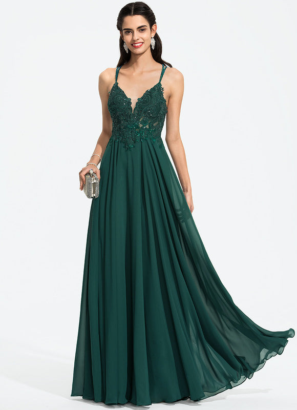 Robe Trapèze Verte En Mousseline Avec Perles Et Paillettes - gallery 1