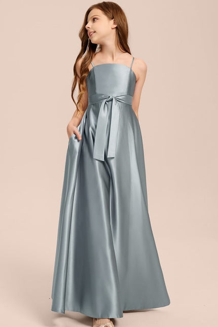 Robe Trapèze Bleu Satin Longue Avec Nœud - gallery 2