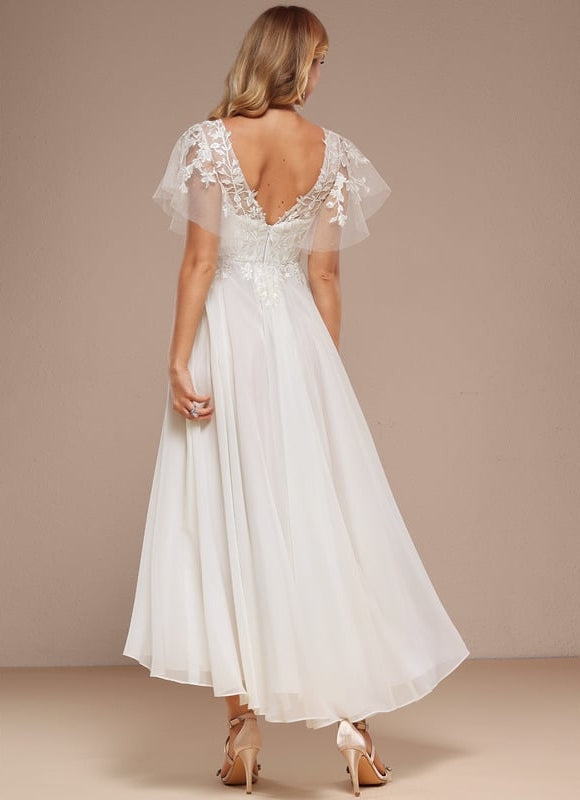 Robe Trapèze Beige Dentelle Tulle Volants Mariage - gallery 6